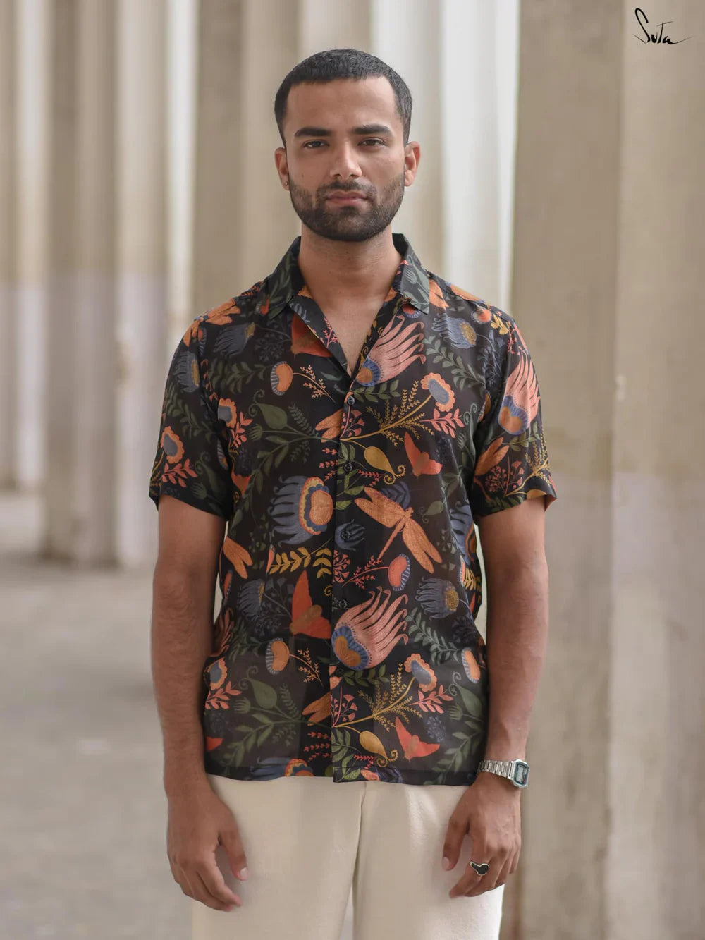 Black Cotton Multicolour Floral Printed Shirt