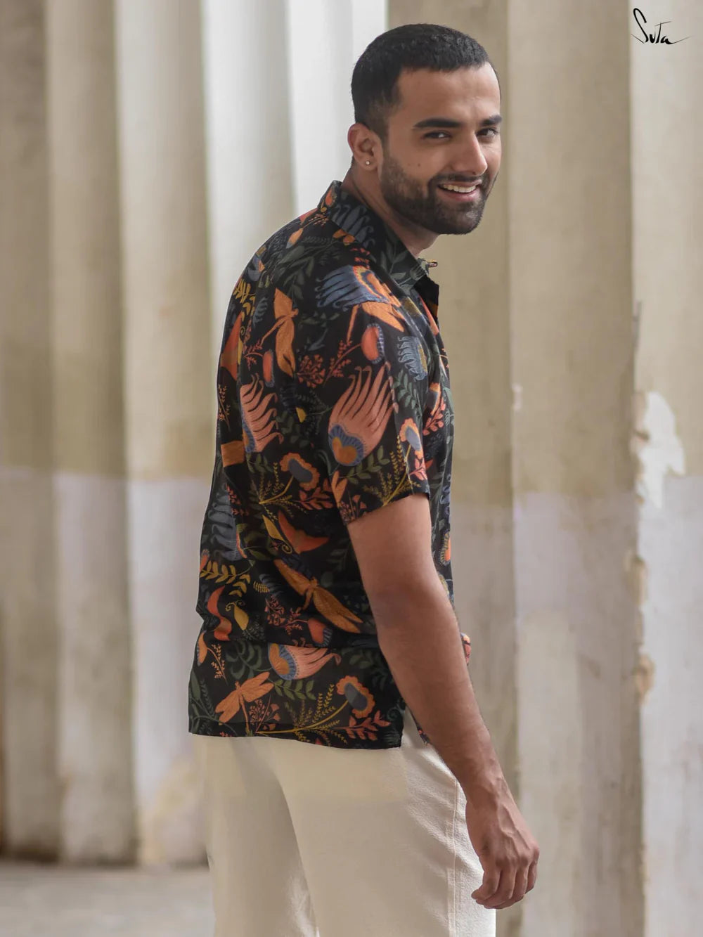 Black Cotton Multicolour Floral Printed Shirt