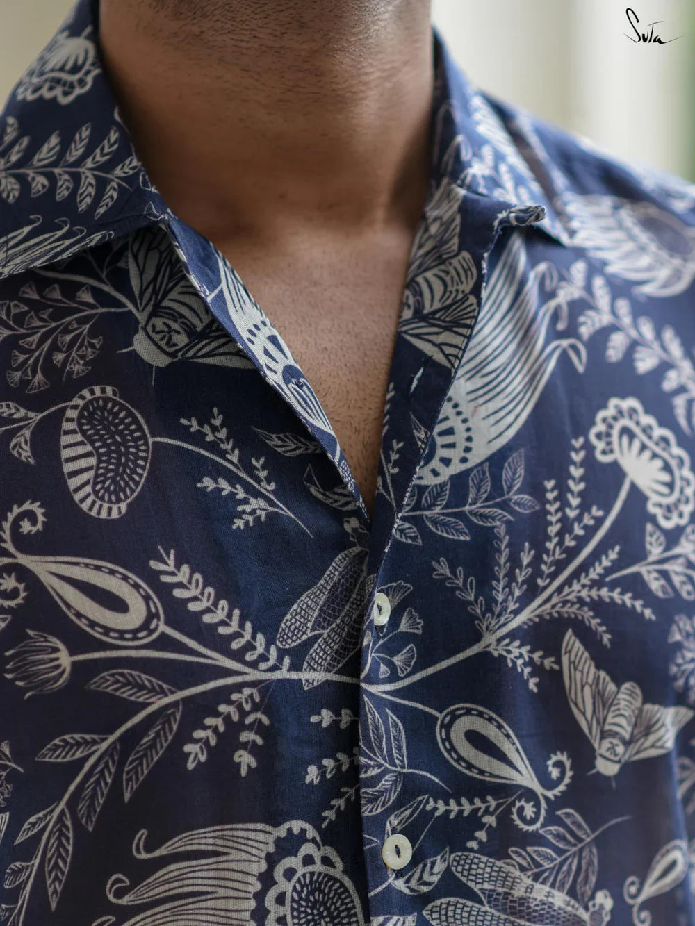 Blue Cotton Shirt with Floral Print