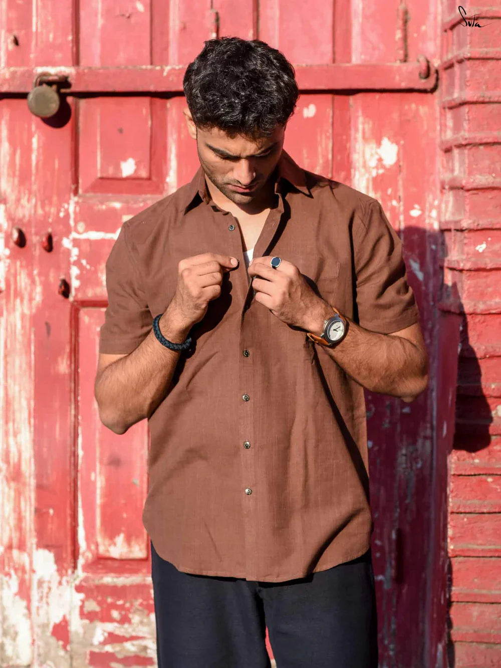 Brown Colour Half Sleeves Cotton Shirt with Pocket