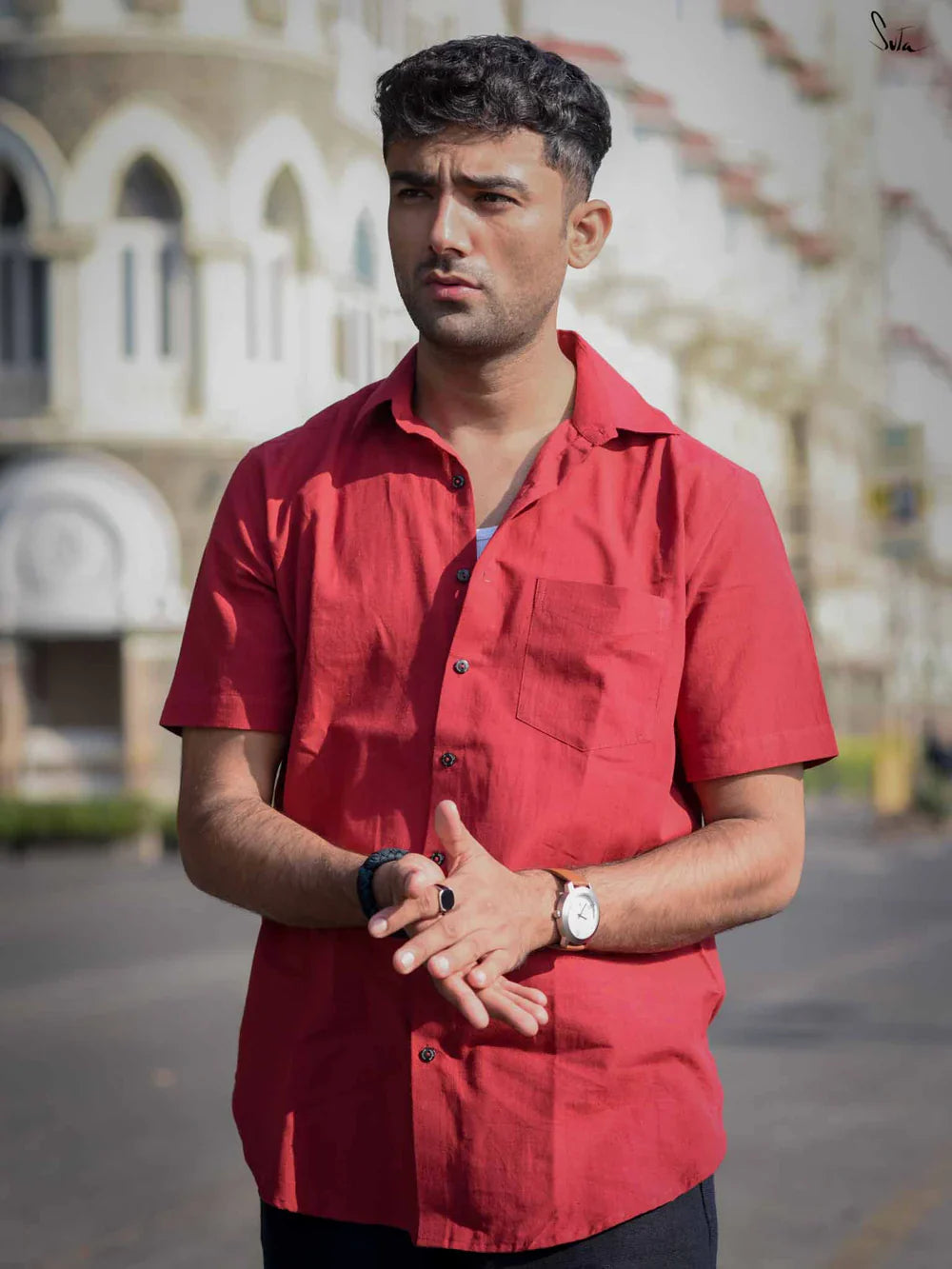 Maroon Colour Short Sleeve Cotton Shirt with Pocket