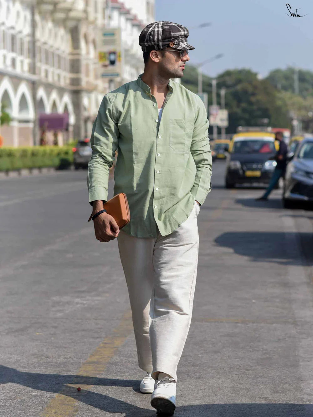 Sage Green Full Sleeves Cotton Shirt with Pocket and Mandarin Collar