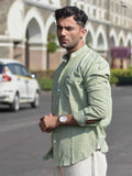 Sage Green Full Sleeves Cotton Shirt with Pocket and Mandarin Collar