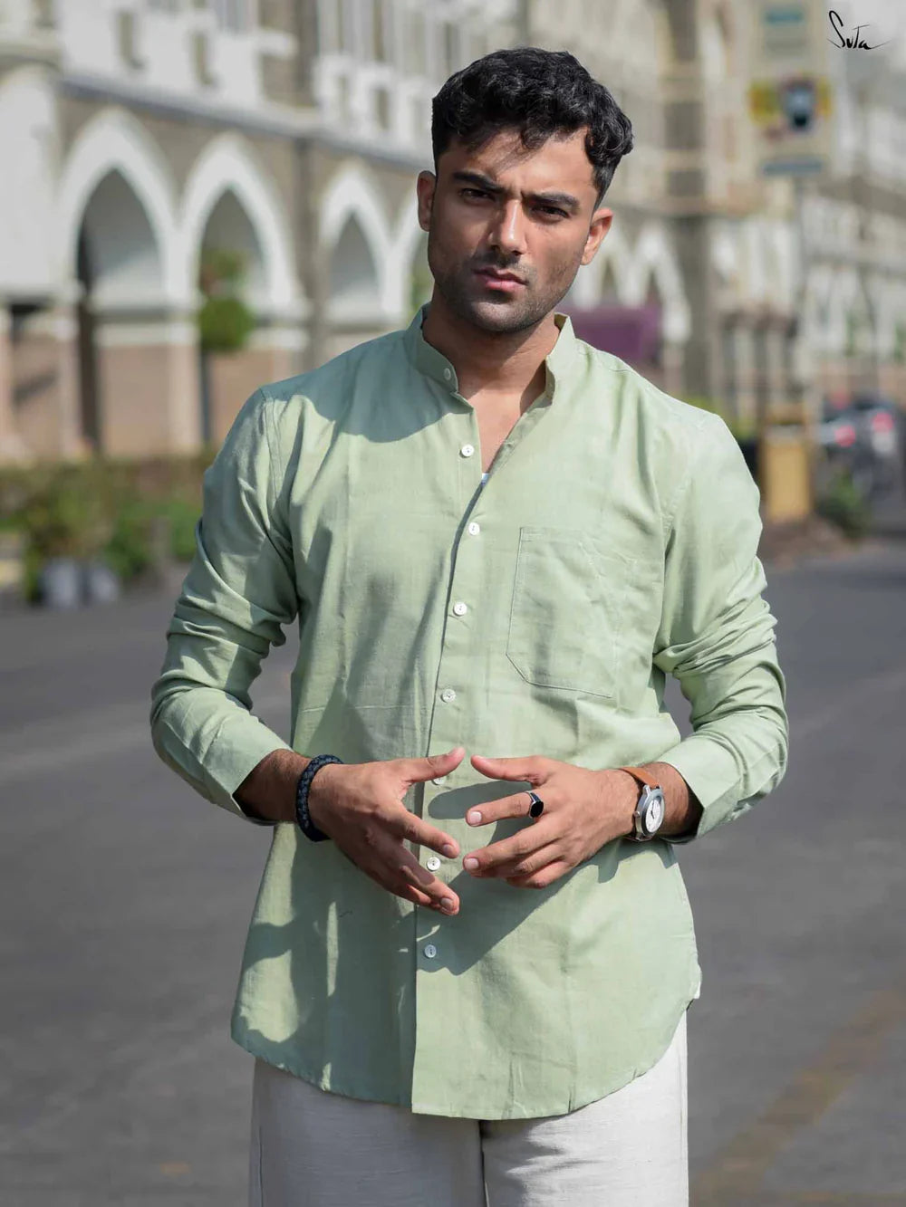 Sage Green Full Sleeves Cotton Shirt with Pocket and Mandarin Collar