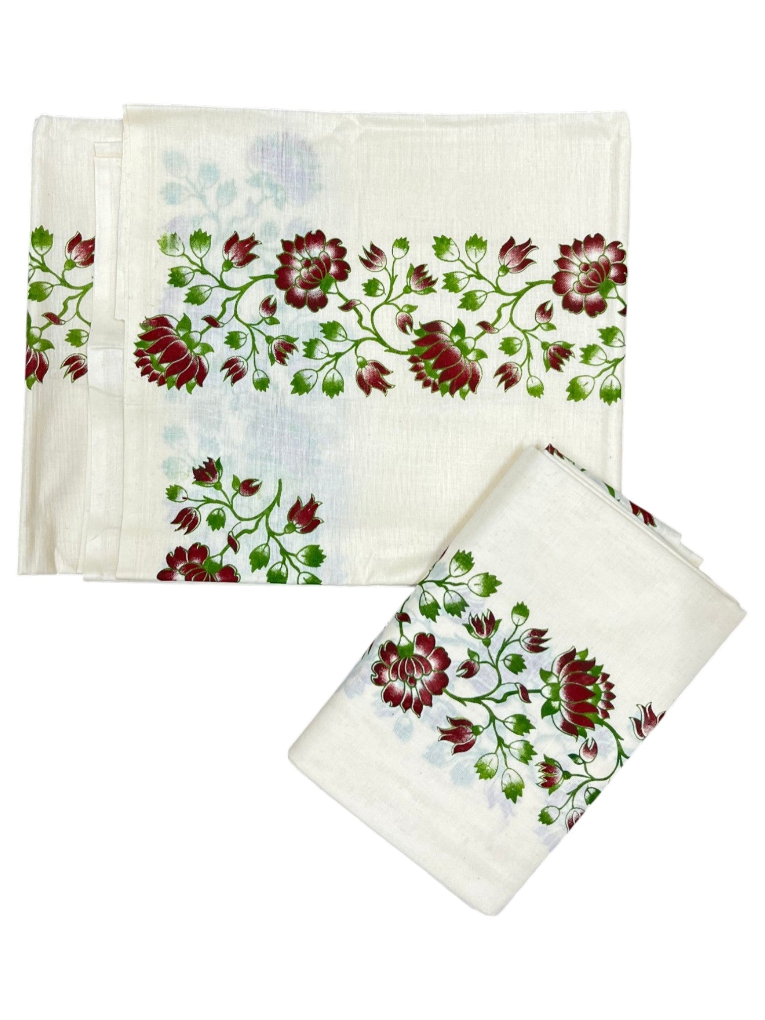 Southloom Pure Cotton Kerala Single Floral Print Set Mundu Maroon and Green Border (2.80 Mtrs)