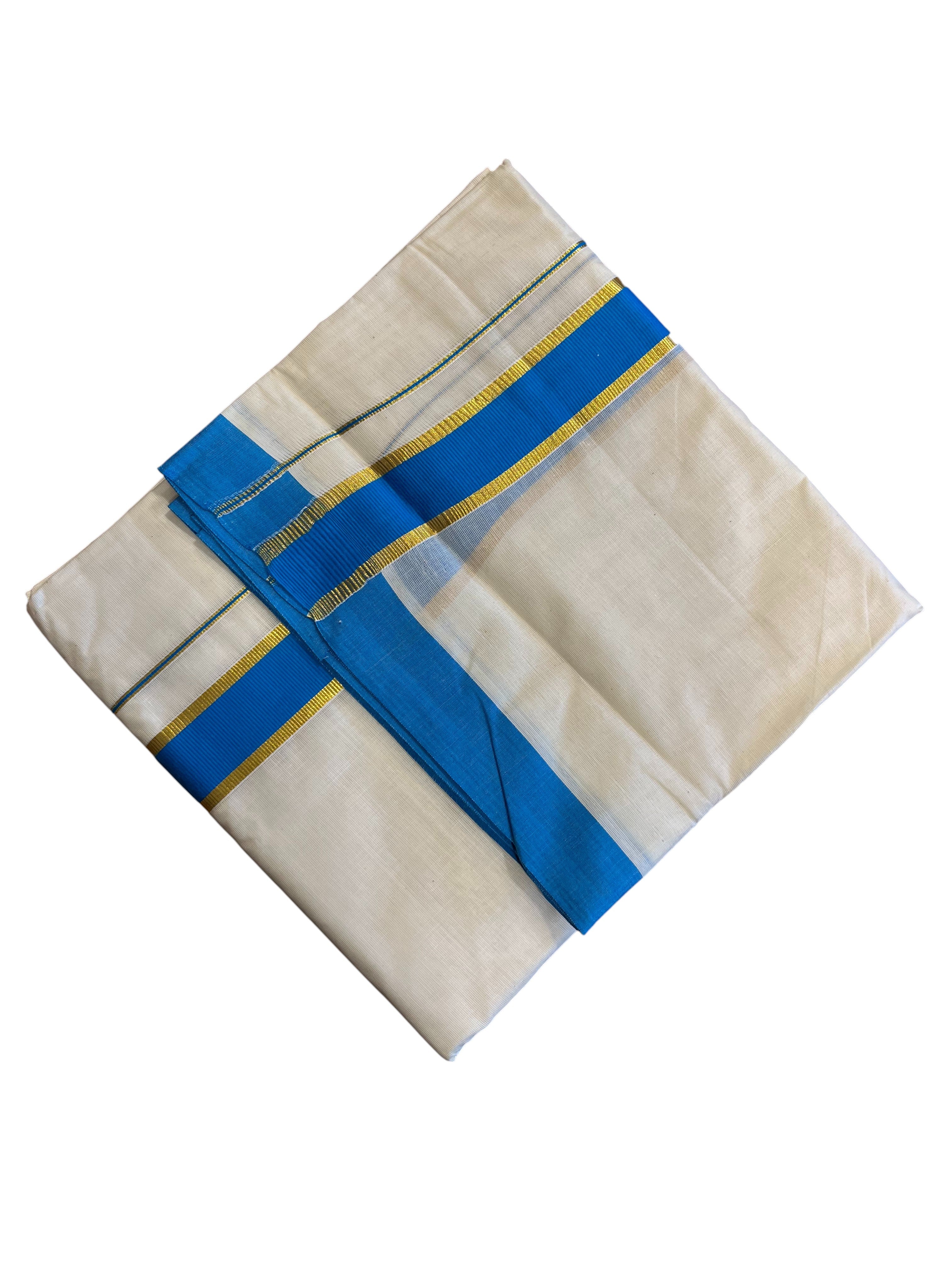 Southloom Pure Cotton Mundu with Gold Kasavu and Blue Colour Border