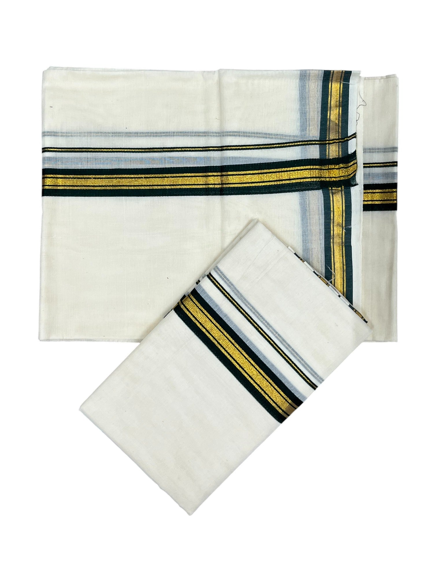 Pure Cotton Kerala Single Set Mundu with Dark Green Kasavu Border (2.80 Mtrs)