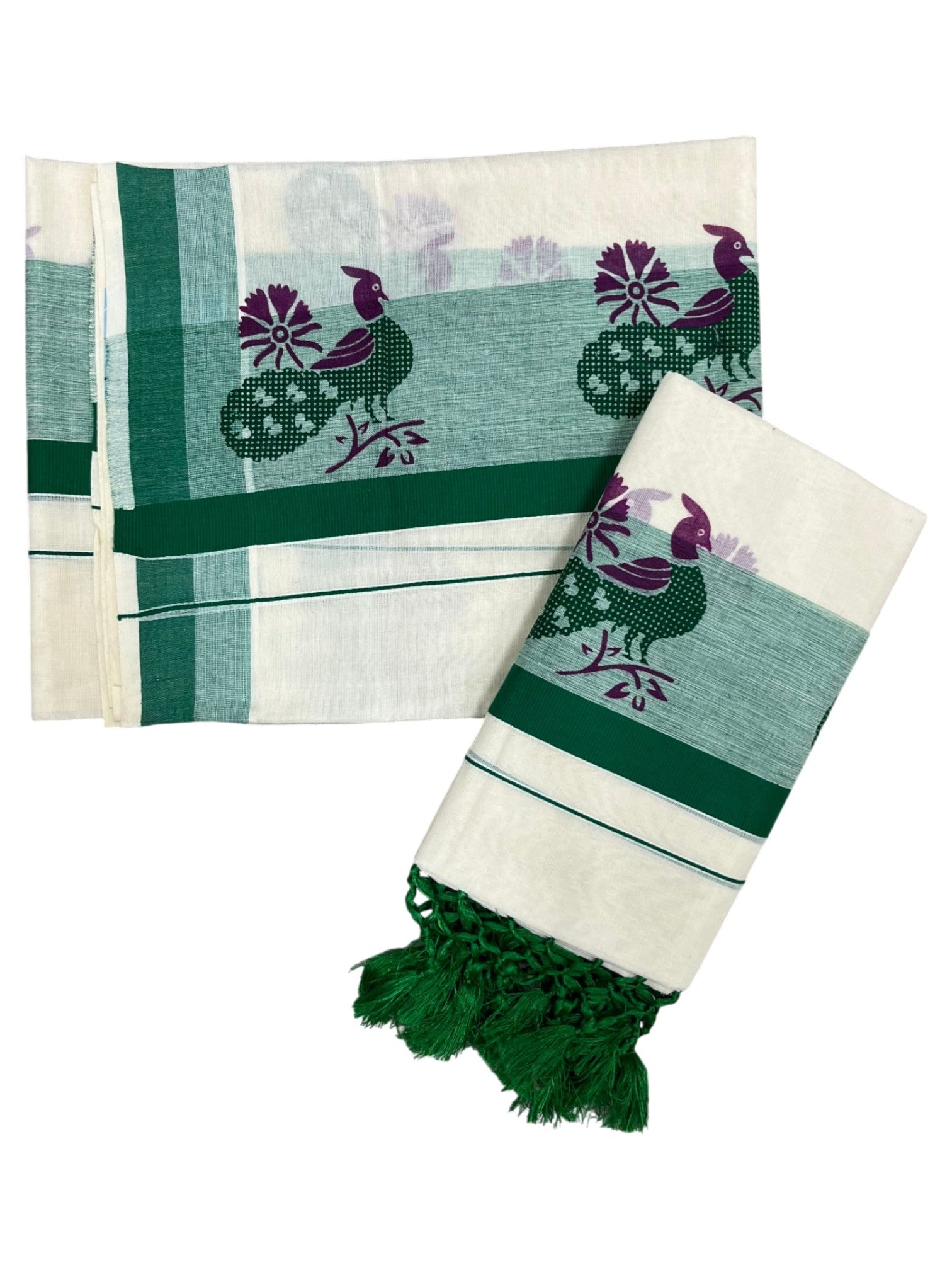 Southloom Cotton Set Mundu With Peacock Print And Green Border With Tussles (2.80 Mtrs)