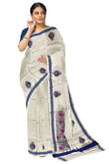 Pure Cotton Kerala Saree Silver Kasavu Checks and Feather Block Prints on Blue Border