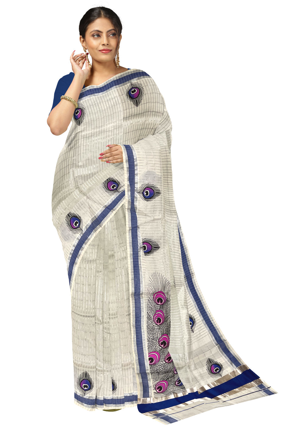 Pure Cotton Kerala Saree Silver Kasavu Checks and Feather Block Prints on Blue Border