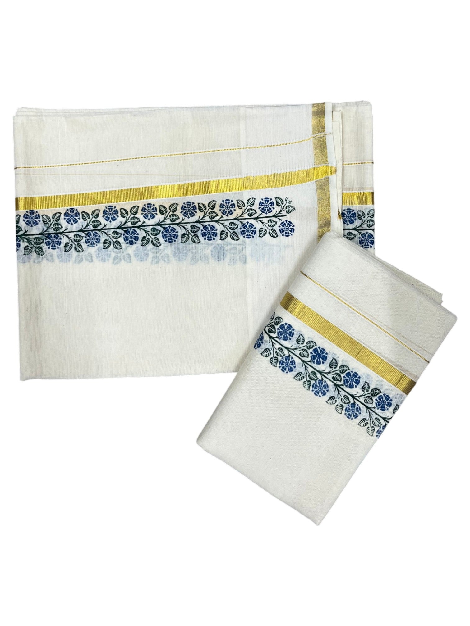 Southloom Pure Cotton Kerala Single Floral Print Set Mundu Blue and Green Border (2.80 mtrs)