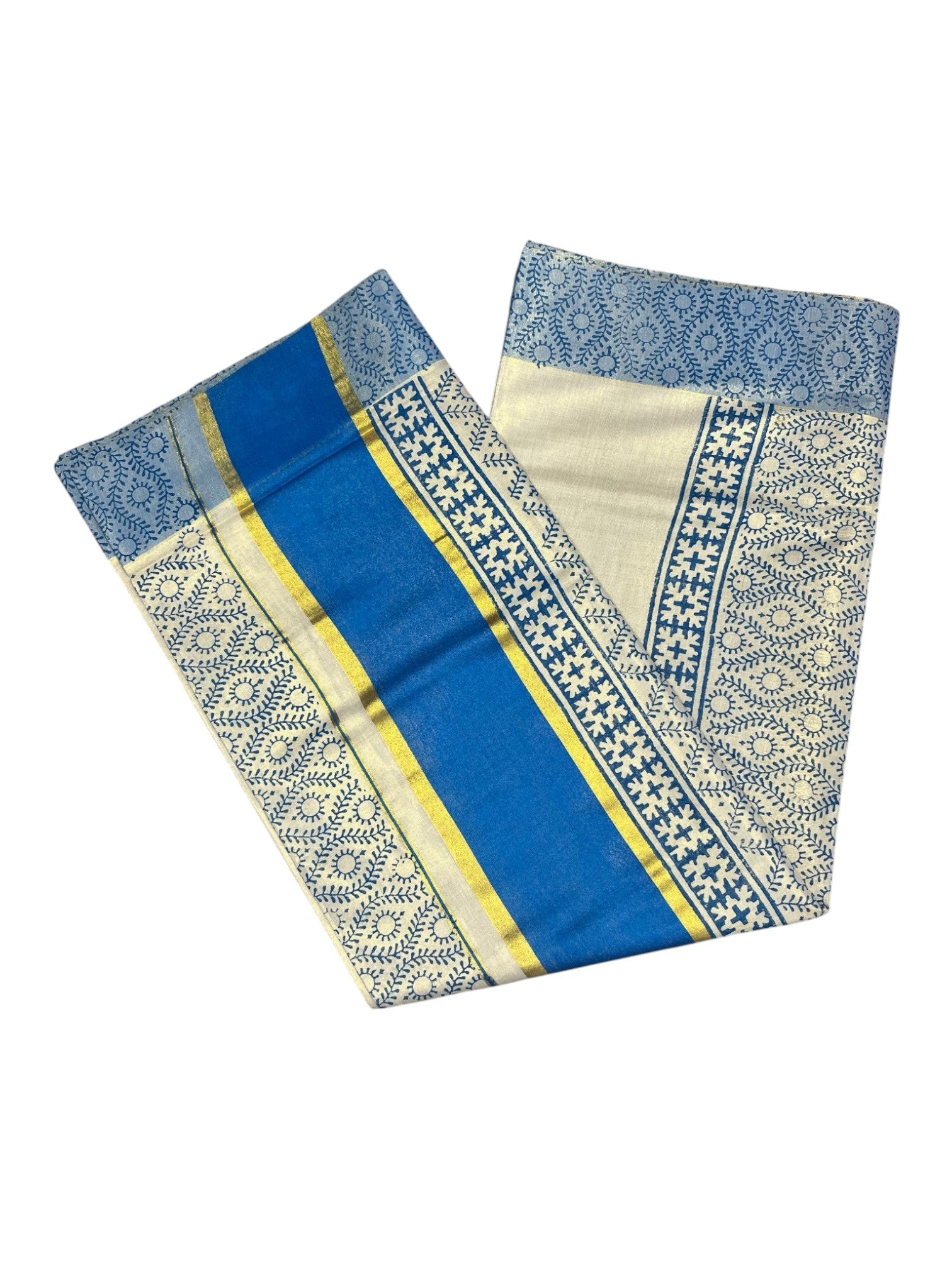 Southloom Tissue Kerala Kasavu Saree Blue Block Print on Body and Borders Style 2