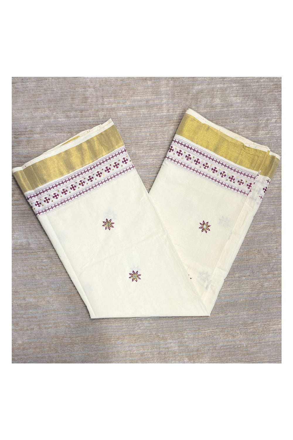 Southloom Purple Block Print Kasavu Saree with Sequins Work on Prints