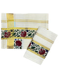 Southloom Cotton Lines Set Mundu With Maroon Floral Print And Gold Border (2.80 Mtrs)