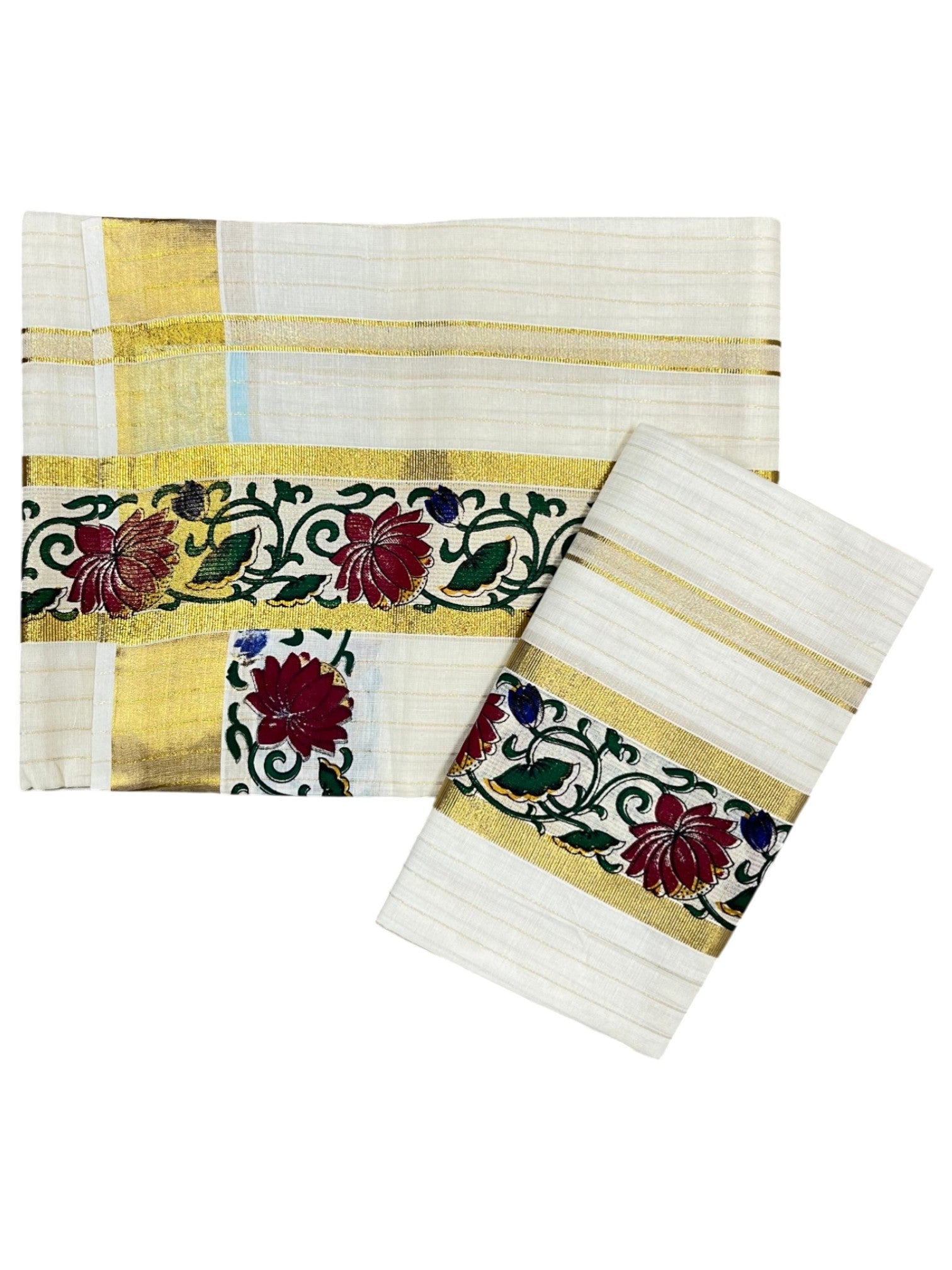 Southloom Cotton Lines Set Mundu With Maroon Floral Print And Gold Border (2.80 Mtrs)