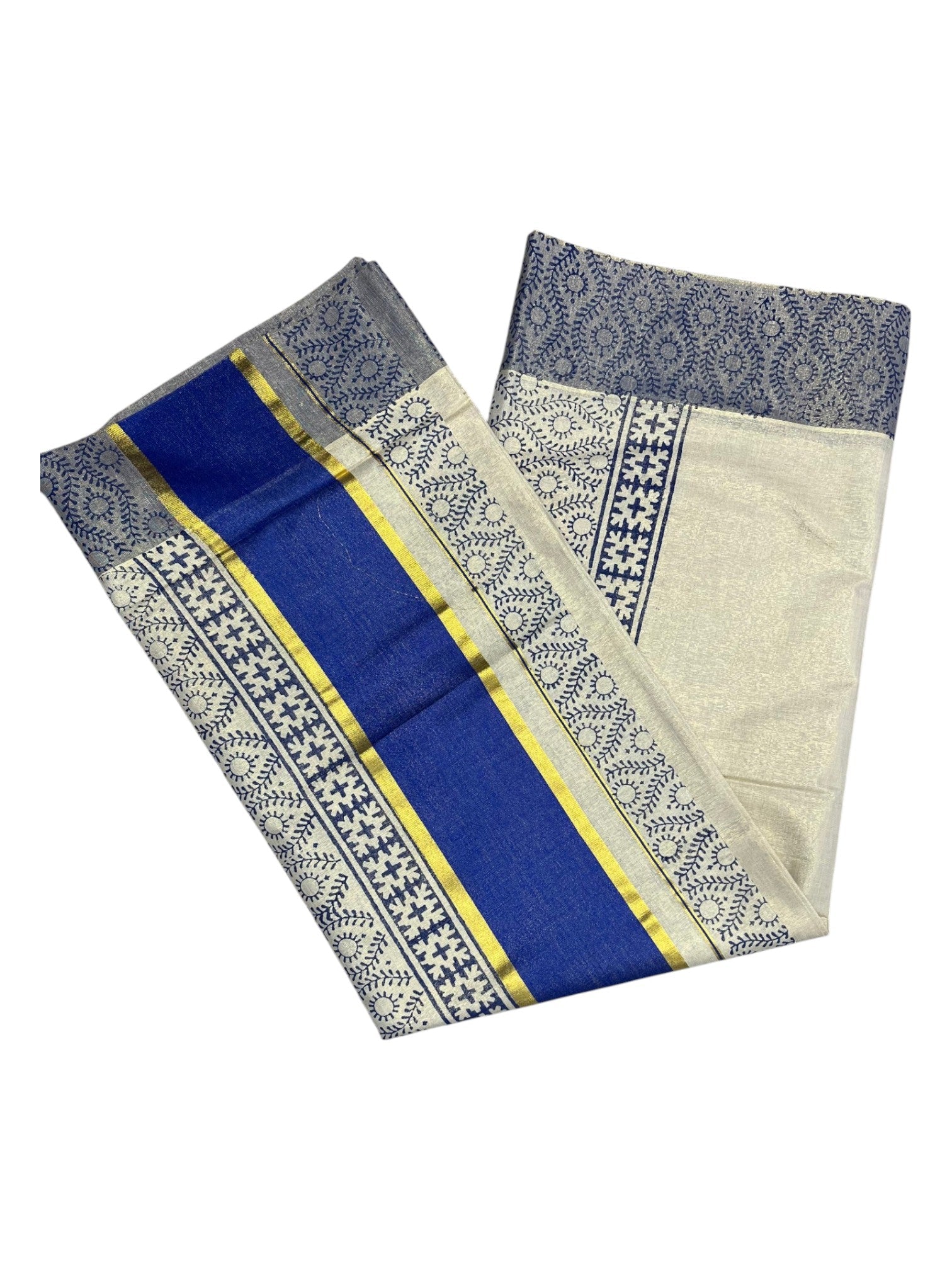 Southloom Tissue Kerala Kasavu Saree Blue Block Print on Body and Borders Style 3