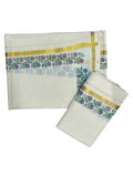 Southloom Pure Cotton Kerala Single Floral Print Set Mundu Violet and Green Border (2.80 mtrs)