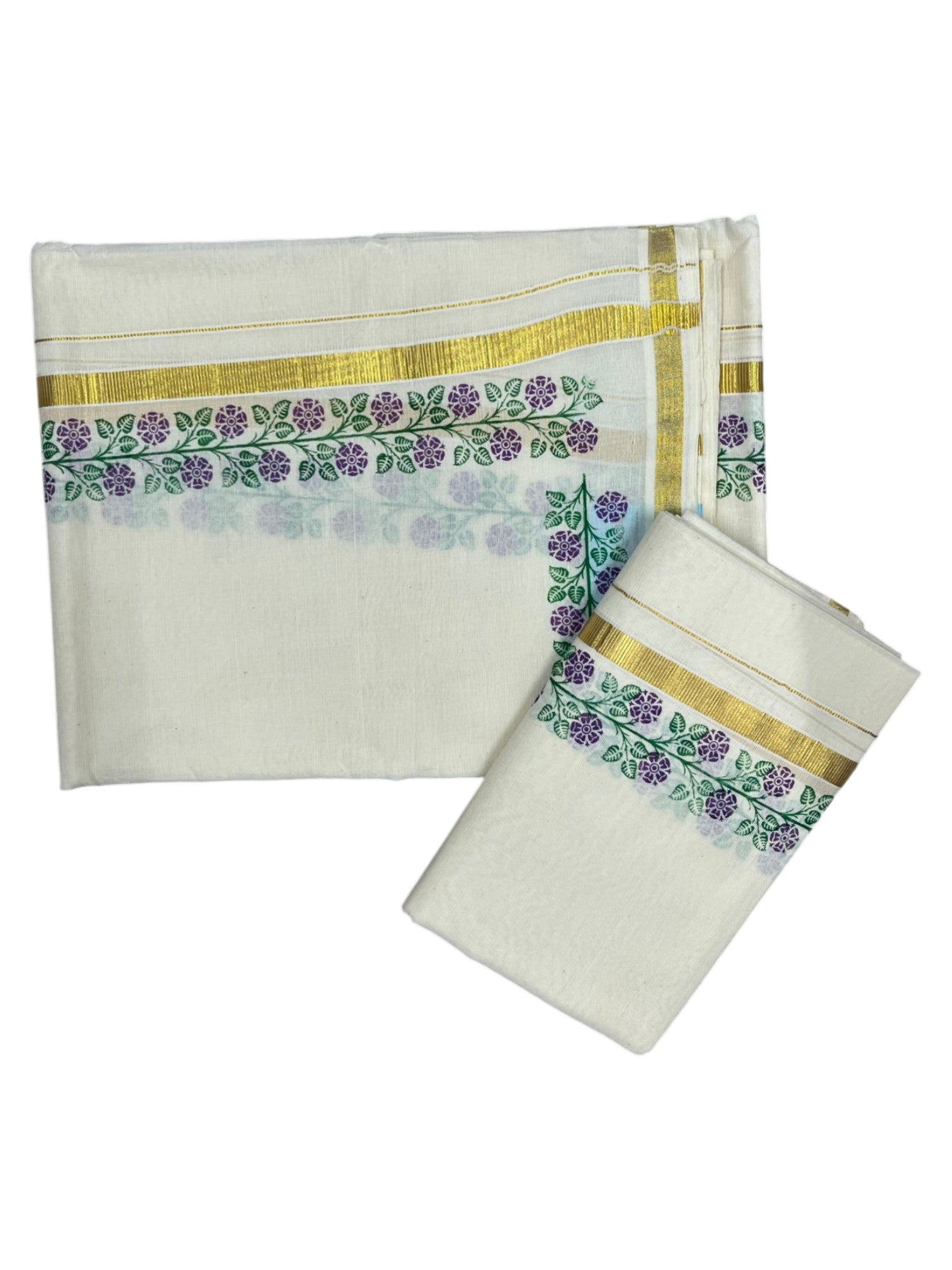 Southloom Pure Cotton Kerala Single Floral Print Set Mundu Violet and Green Border (2.80 mtrs)