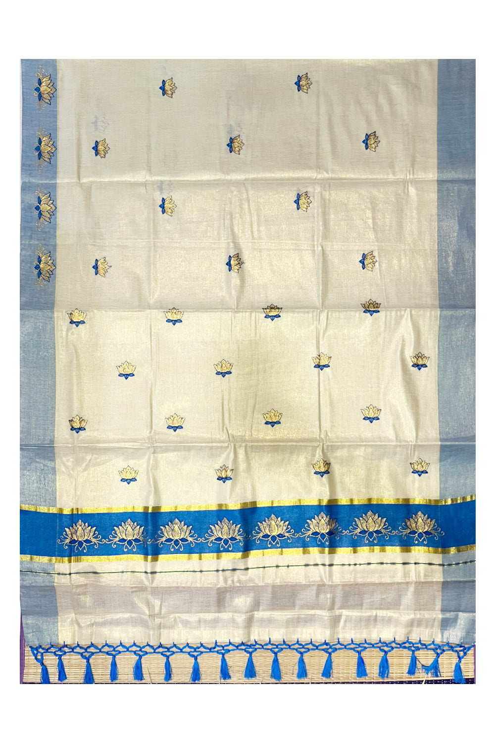 Southloom Kerala Tissue Kasavu Saree with Blue And Golden Lotus Embroidery SL273