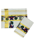 Southloom Cotton Lines Set Mundu With Blue Peacock Print And Gold Border (2.80 Mtrs)