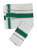 Kerala Cotton Single Set Mundu with Kasavu and Green Border (2.80 Mtrs)