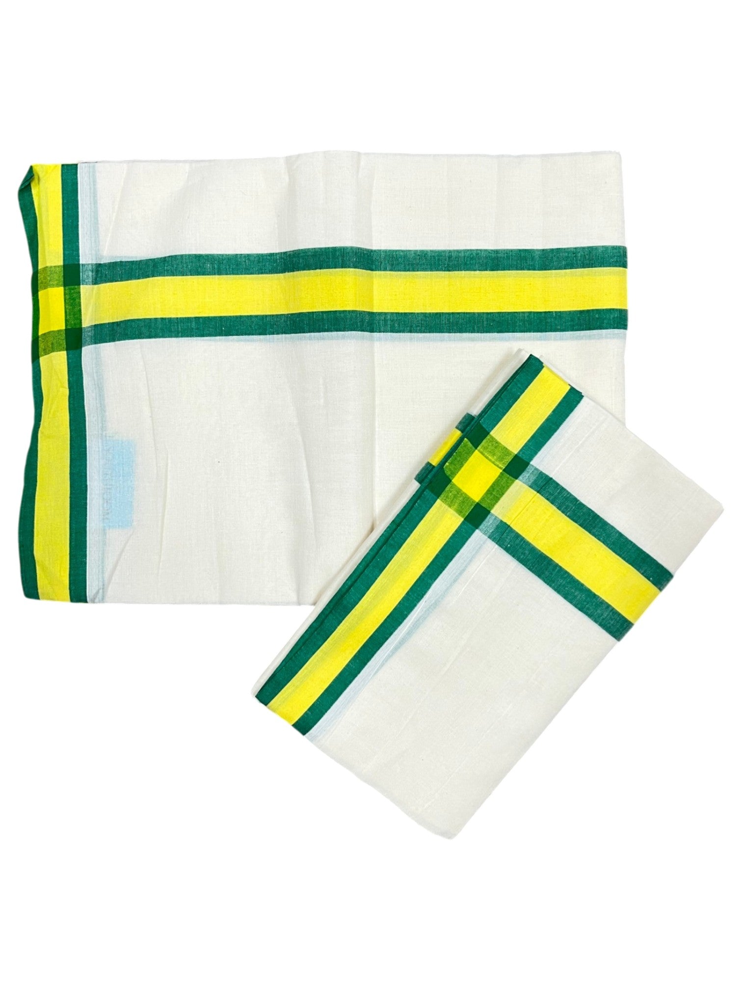Southloom Pure Cotton Kerala Single Mulloth Set Mundu Green And Yellow Border (2.80 Mtrs) SL243
