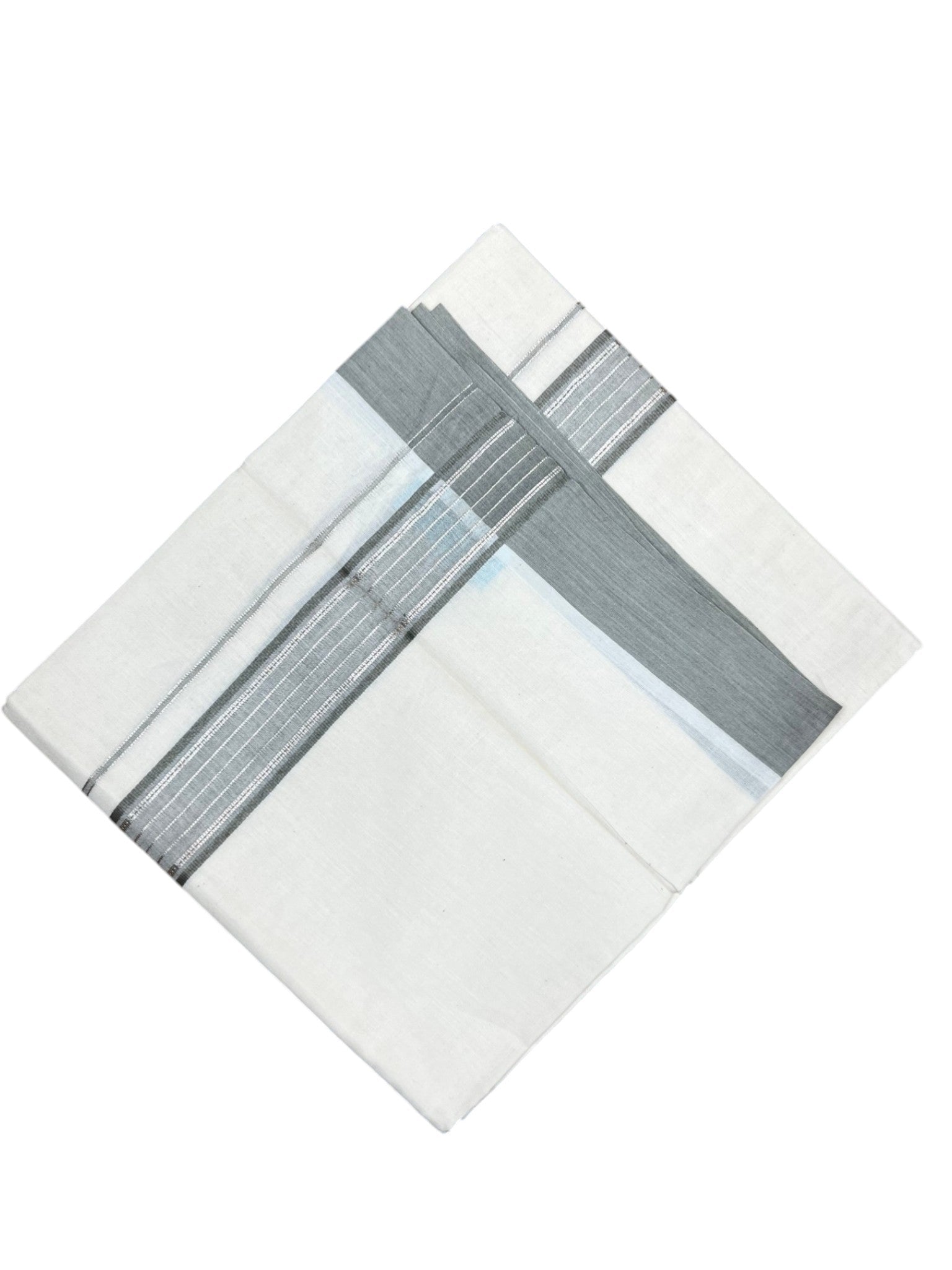Southloom Kerala Pure Cotton Double Mundu with Silver Lines and Grey Border
