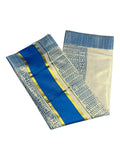 Southloom Tissue Kerala Kasavu Saree Blue Block Print on Body and Borders Style 4