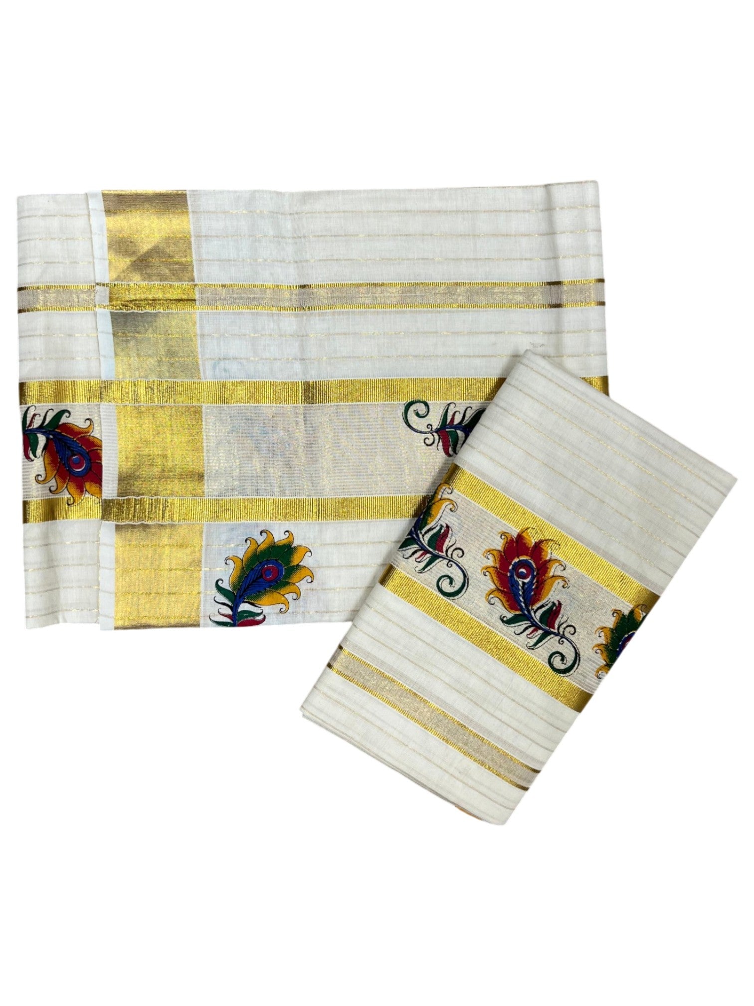 Southloom Cotton Lines Set Mundu With Peacock Feather Print And Gold Border (2.80 Mtrs)