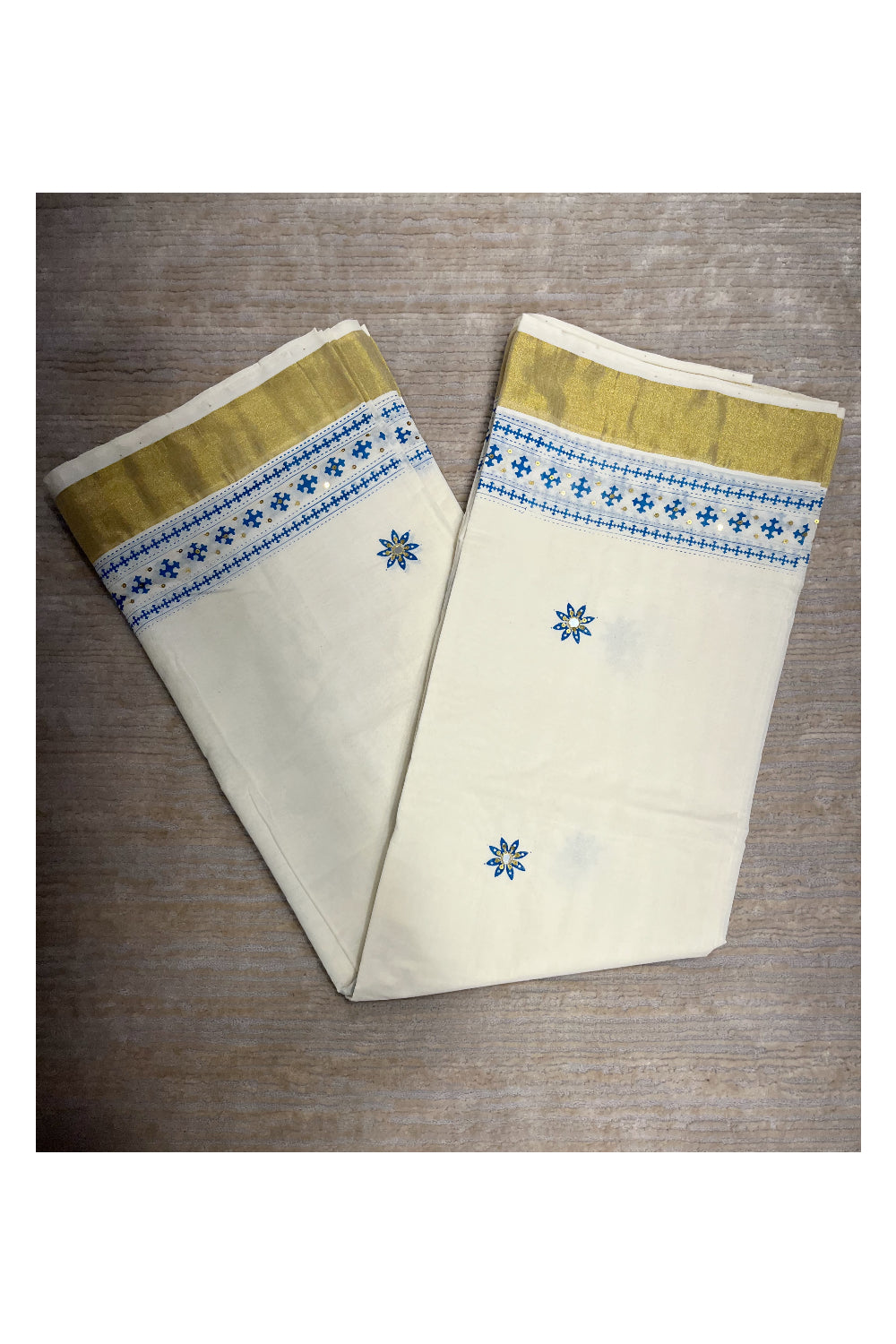 Southloom Blue Block Print Kasavu Saree with Sequins Work Style 1