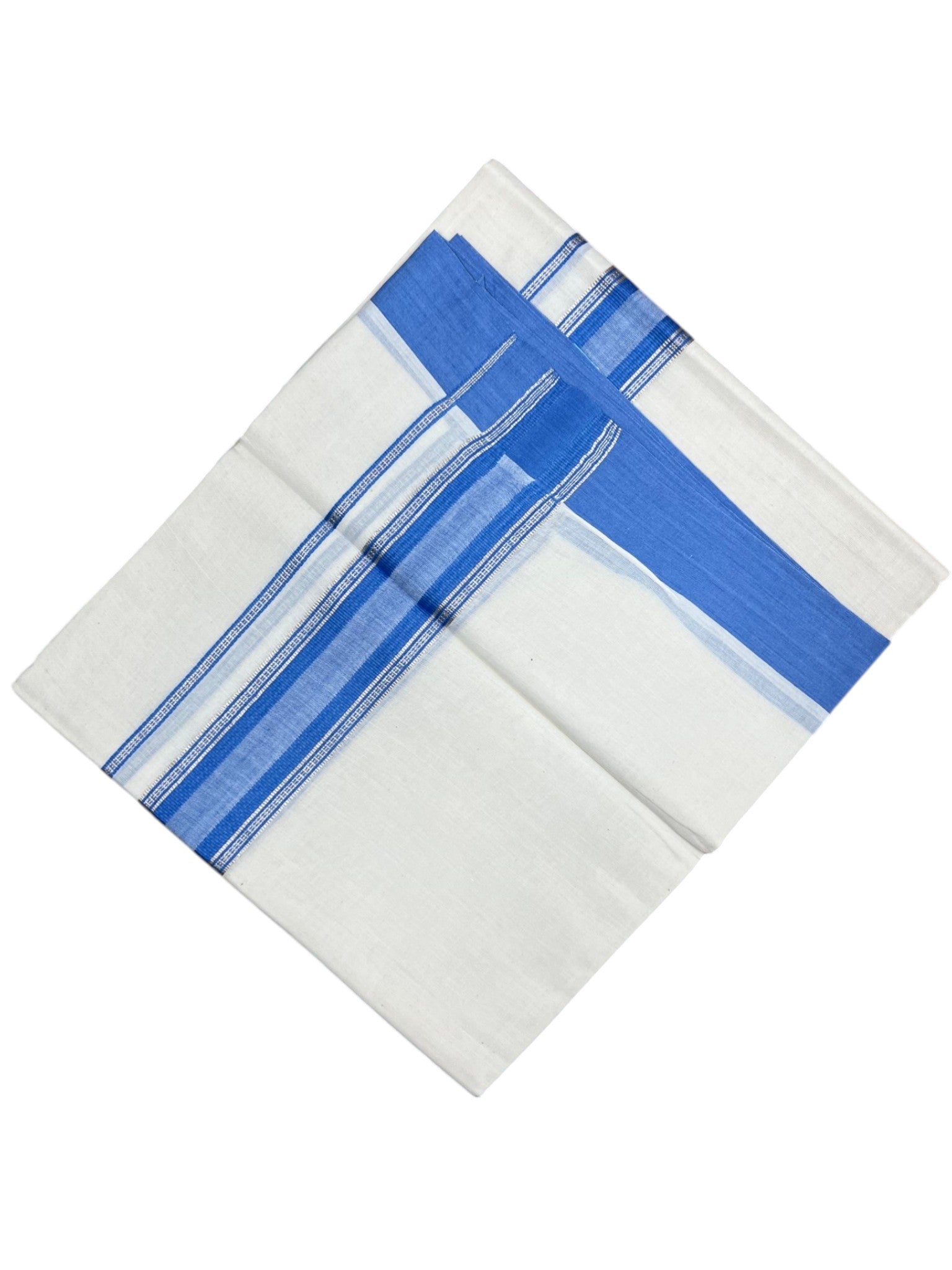 Southloom Kerala Pure Cotton Double Mundu with Silver Lines and Blue Border
