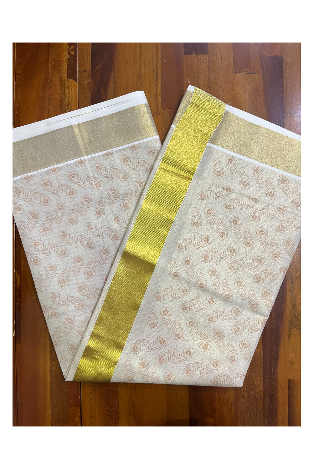 Kerala Tissue Kasavu Saree with Brown Block Printed Designs Style 2