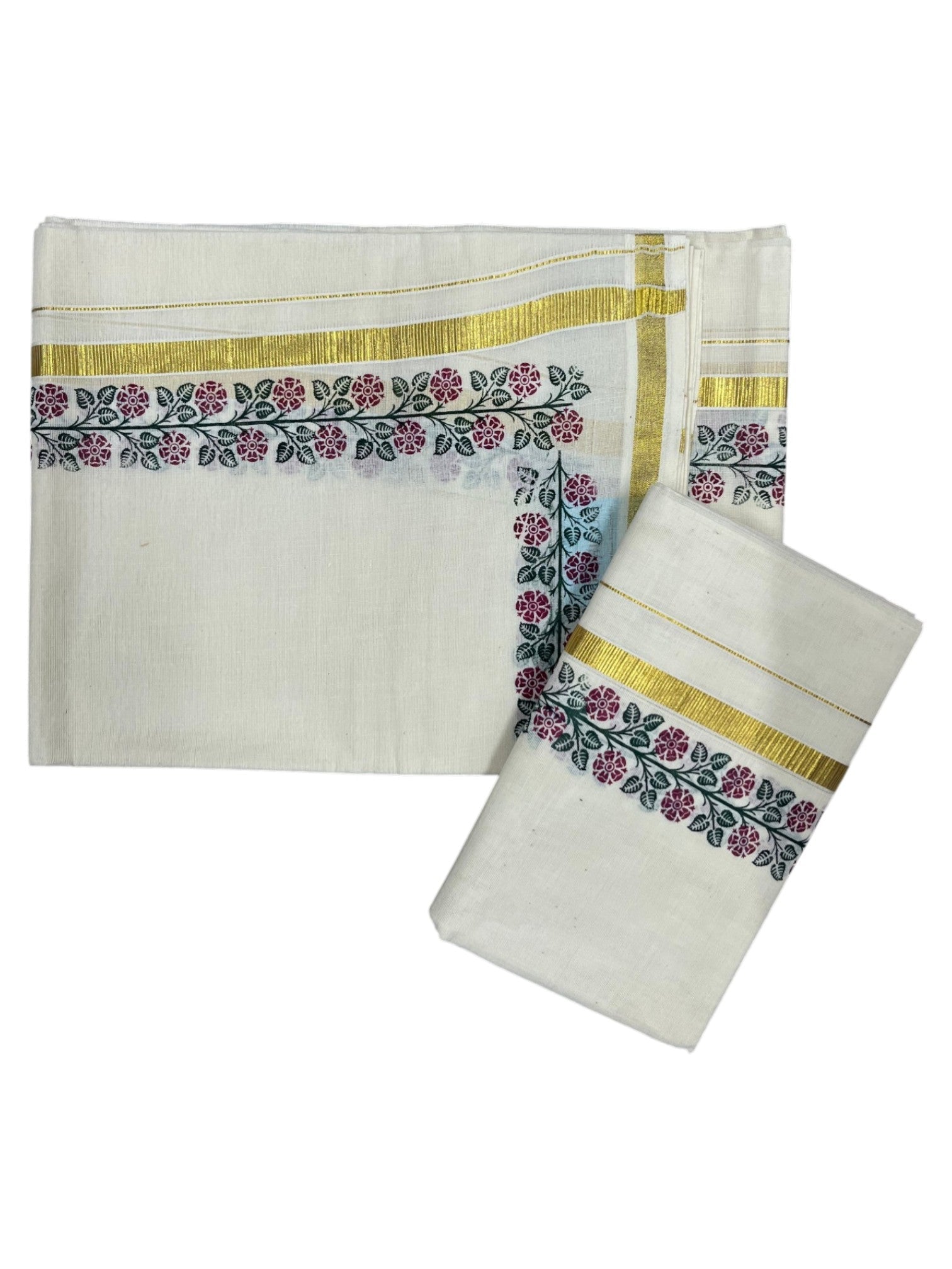 Southloom Pure Cotton Kerala Single Floral Print Set Mundu Magenta and Green Border (2.80 mtrs)