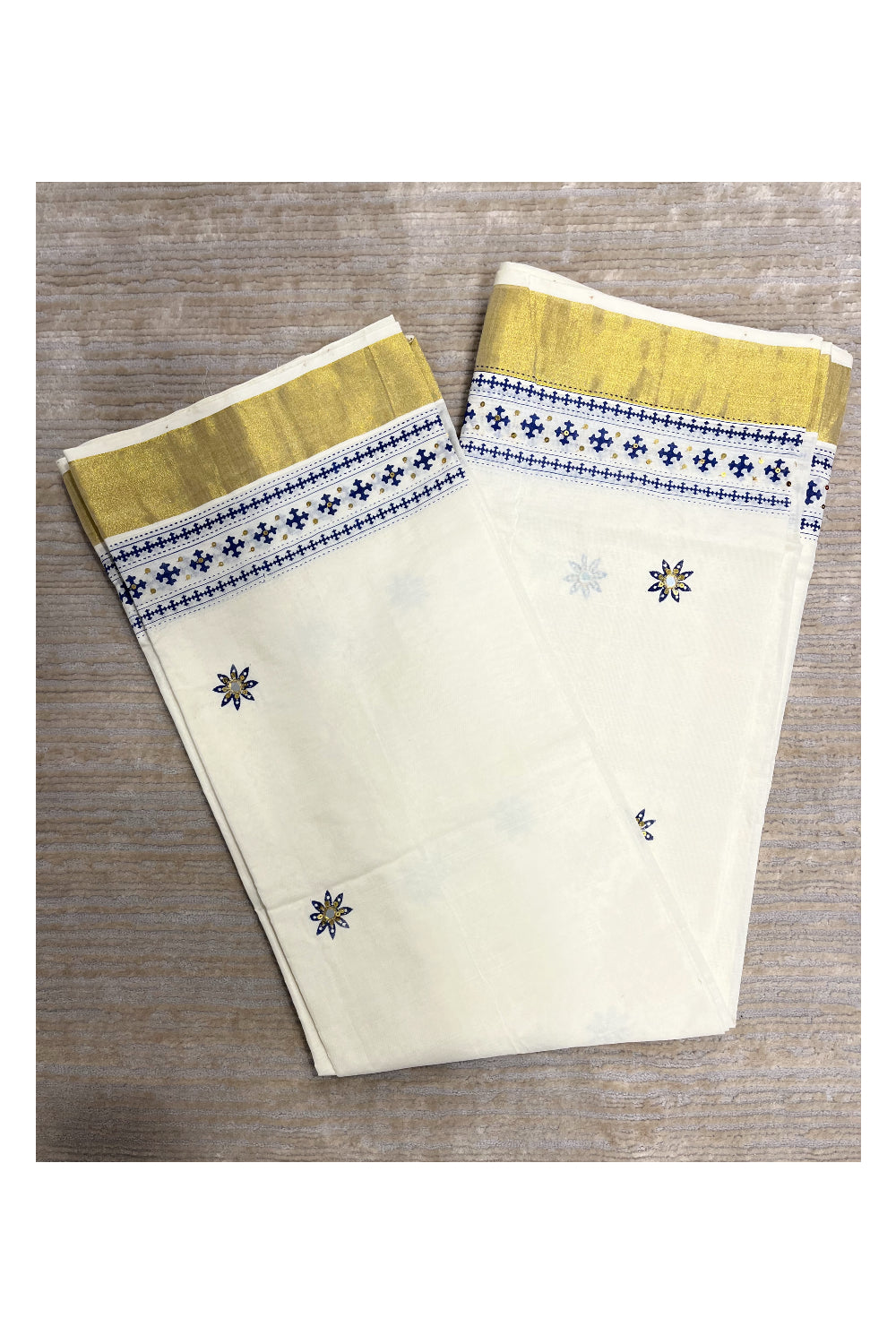 Southloom Blue Block Print Kasavu Saree with Sequins Work Style 2