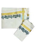 Southloom Pure Cotton Kerala Single Floral Print Set Mundu Green Border Style 2 (2.80 mtrs)