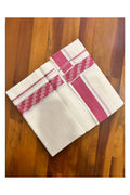 Kerala Pure Cotton Double Mundu with Silver Kasavu and Pink Woven Border