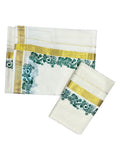Southloom Pure Cotton Kerala Single Floral Print Set Mundu Green Border (2.80 mtrs) SL245