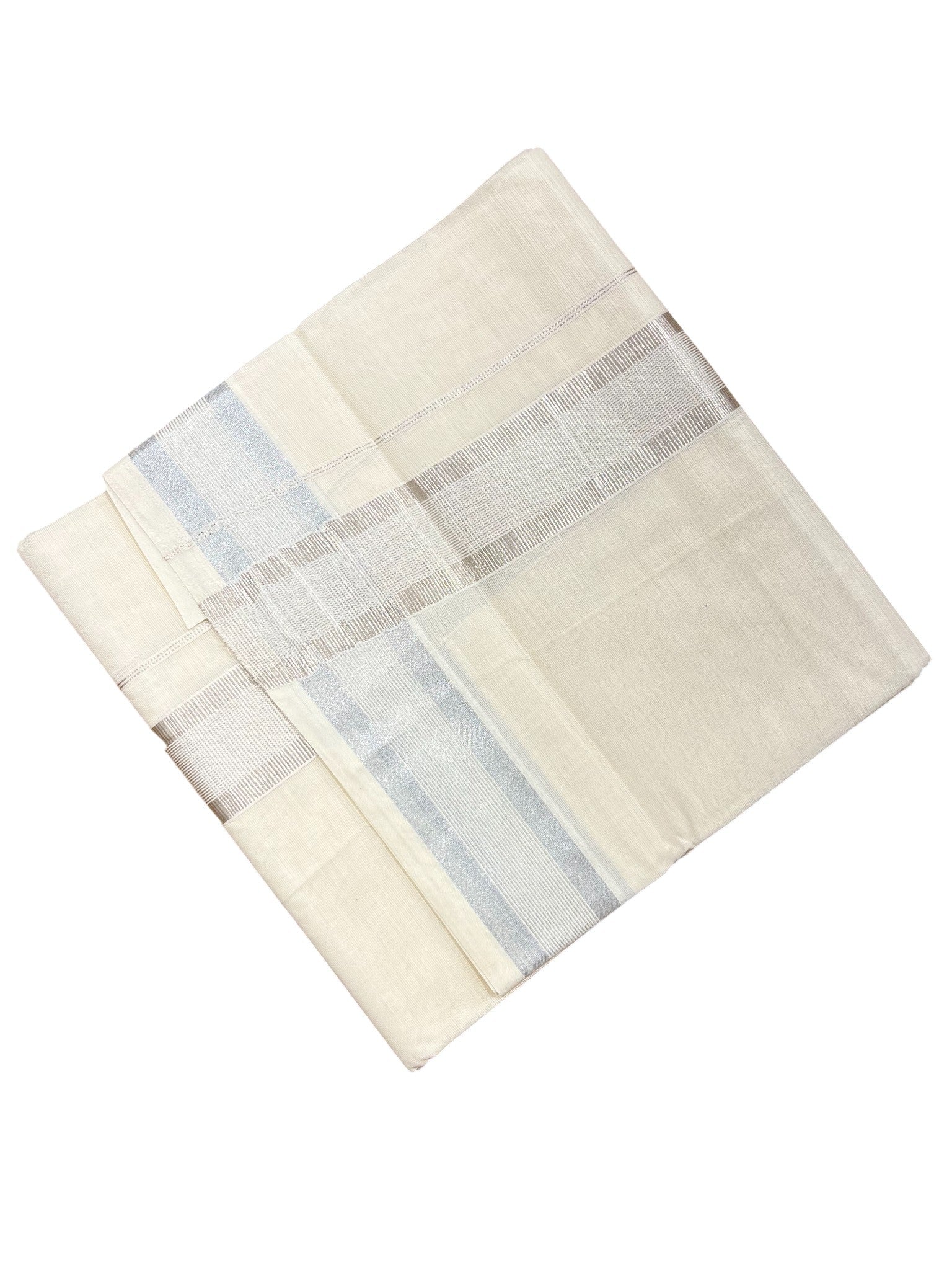 Southloom Kerala Pure Cotton Double Mundu with Silver Lines and Silver Border