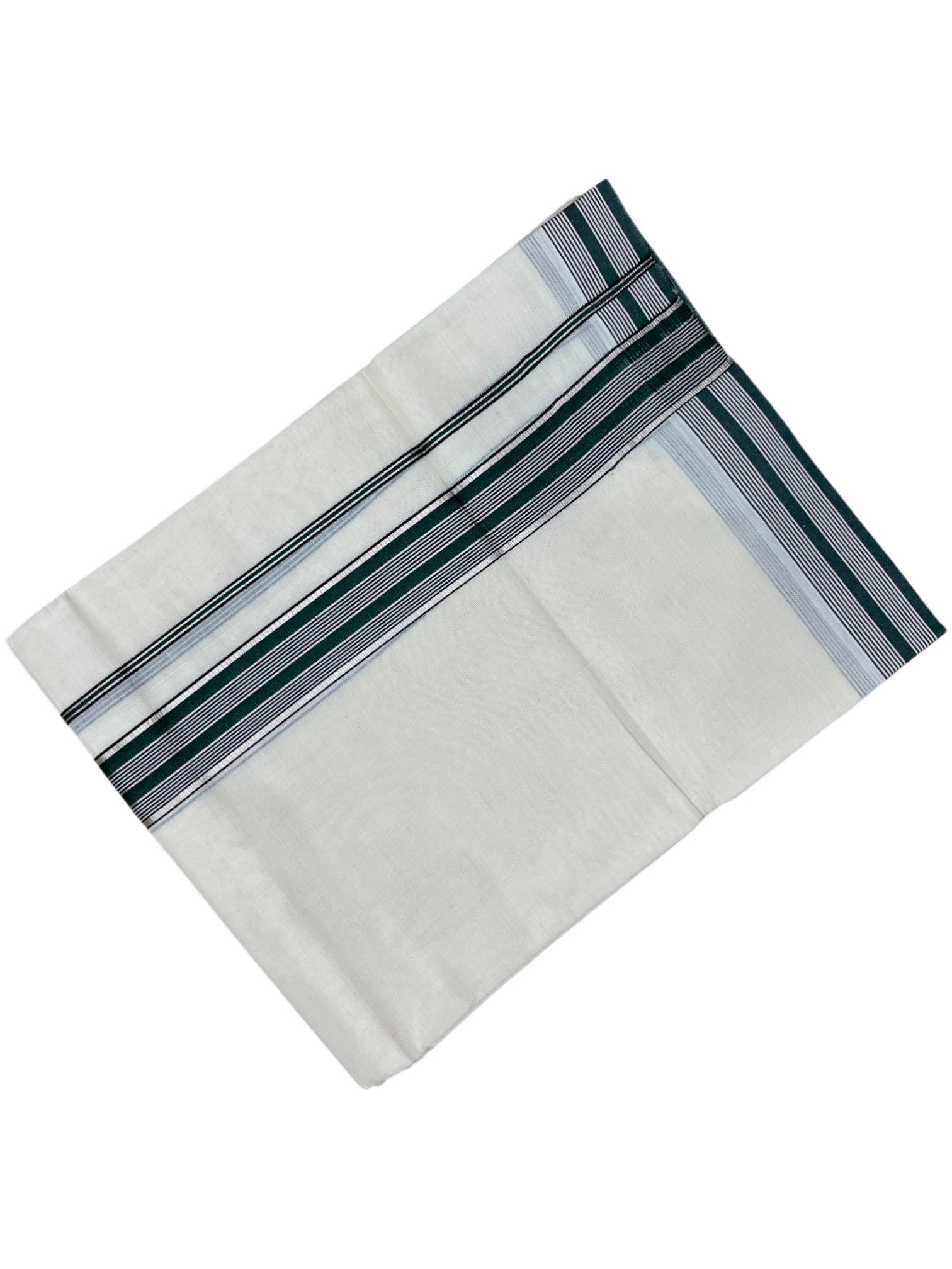 Southloom Kerala Pure Cotton Double Mundu Silver Lines Green Border