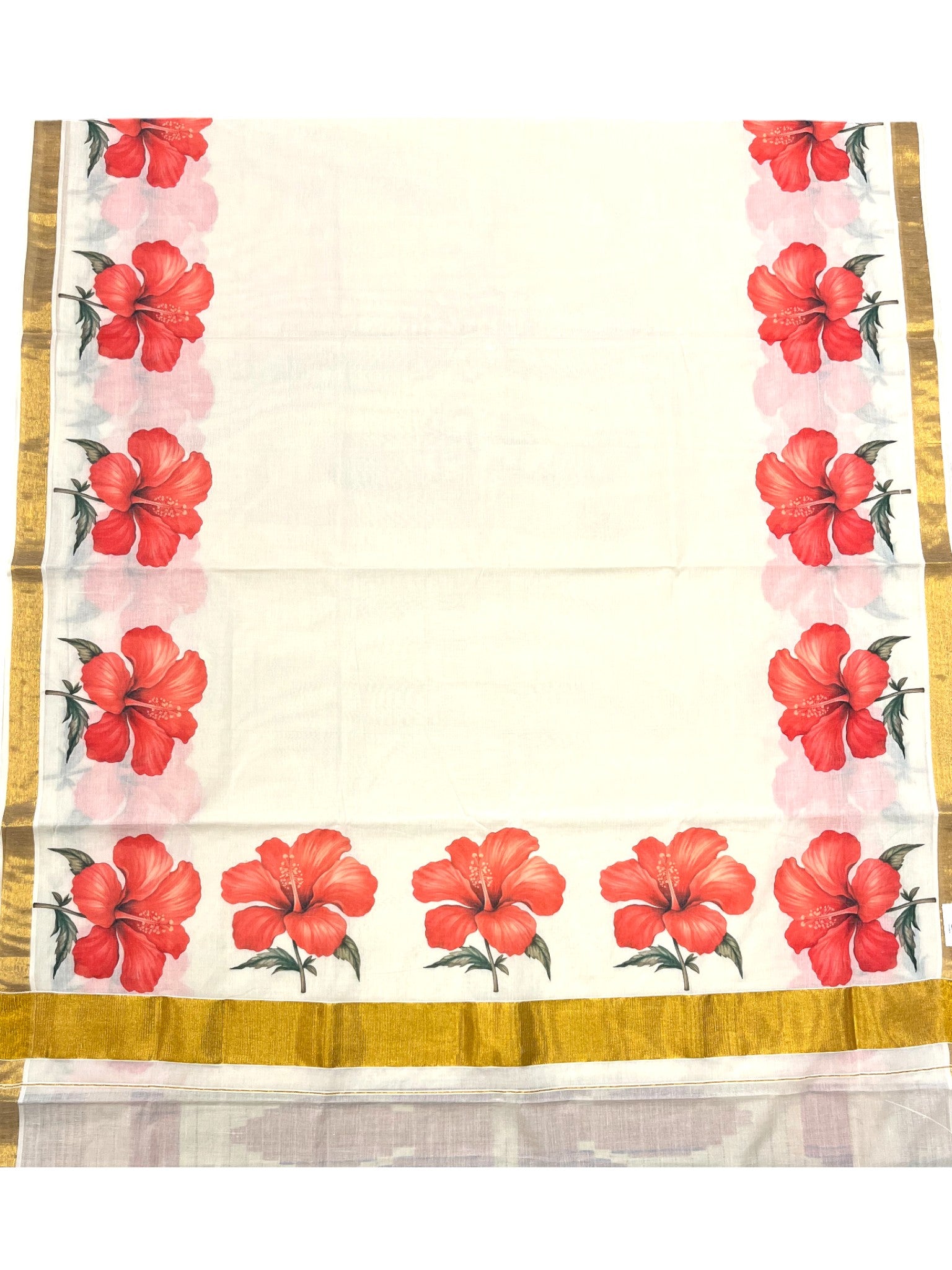 Southloom Tissue Kerala Kasavu Saree with Floral Digital Printed