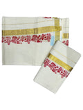 Southloom Pure Cotton Kerala Single Floral Print Set Mundu Red Border (2.80 mtrs) SL245