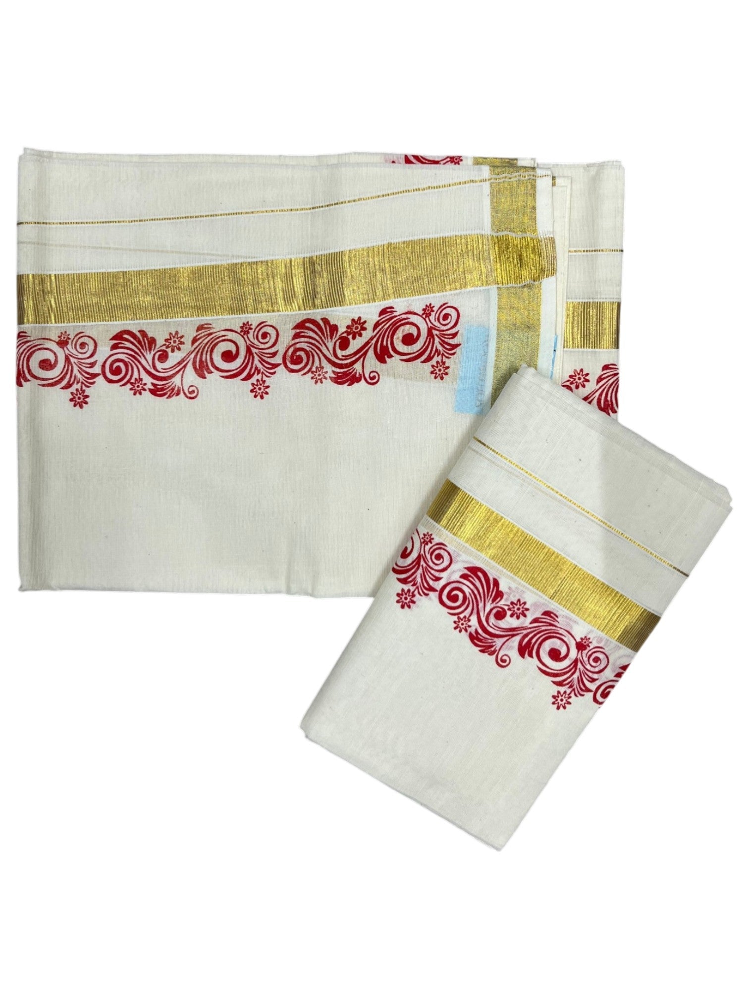 Southloom Pure Cotton Kerala Single Floral Print Set Mundu Red Border (2.80 mtrs) SL245
