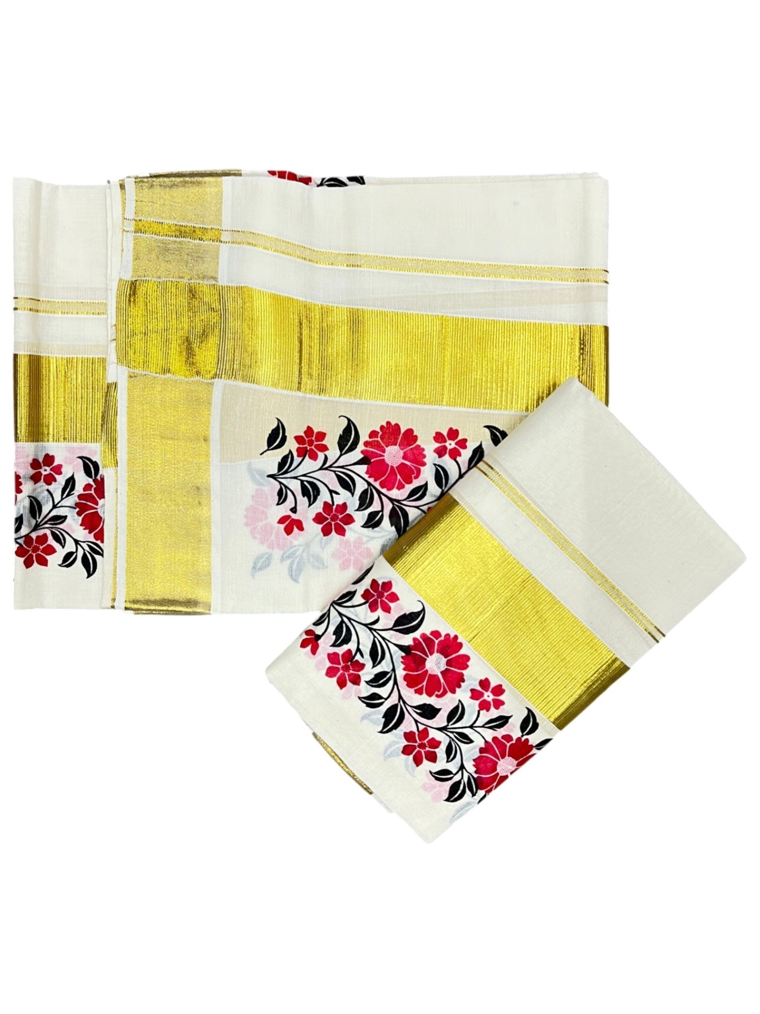 Southloom Pure Cotton Kerala Kasavu Single Set Mundu with Floral Print in Red and Black