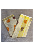 Southloom Kerala Tissue Saree with Orange And Brown Lotus Block Prints On Kasavu Border