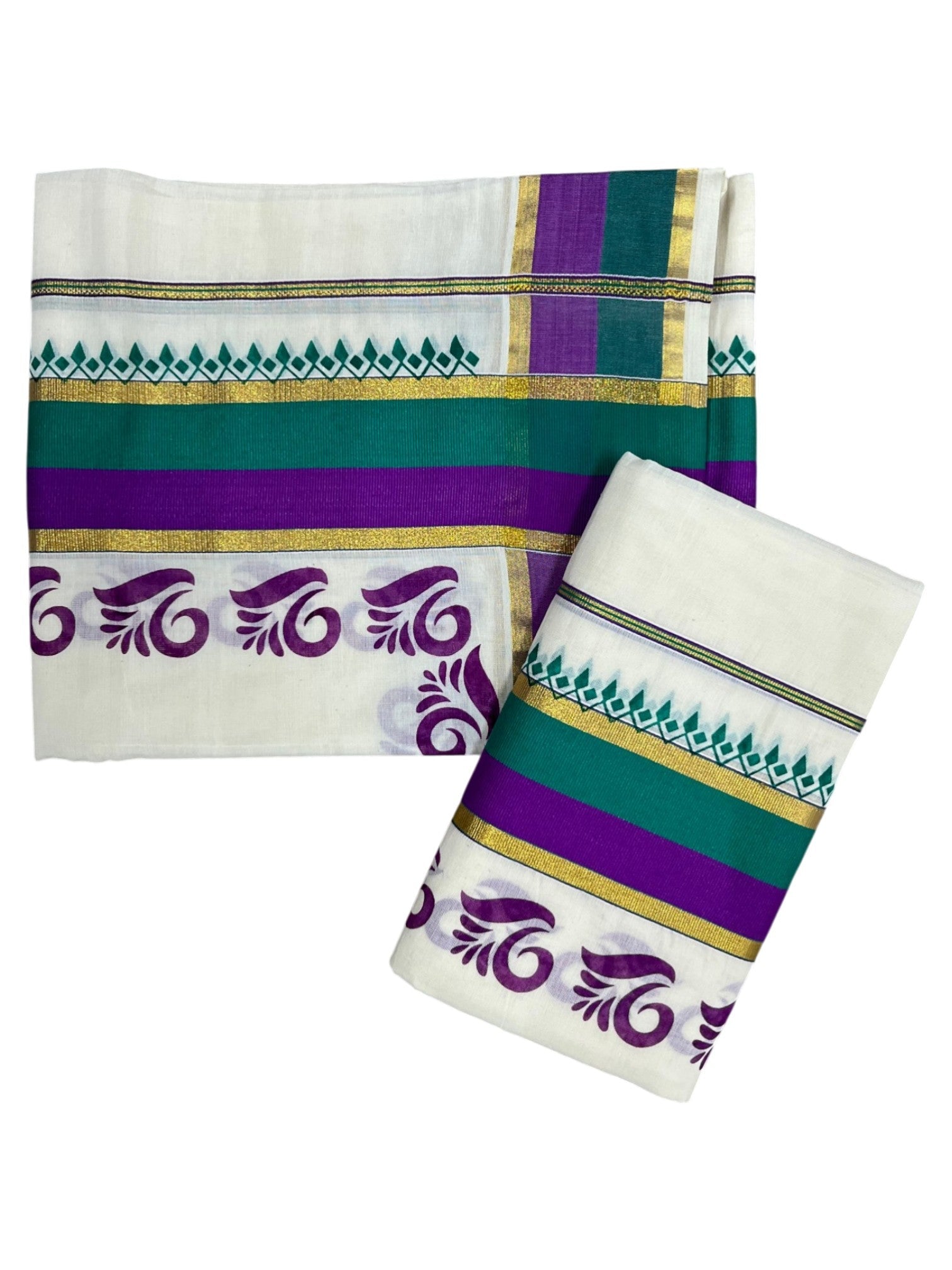 Southloom Cotton Single Set Mundu Digital Print With Green And Violet Border (2.80 Mtrs)
