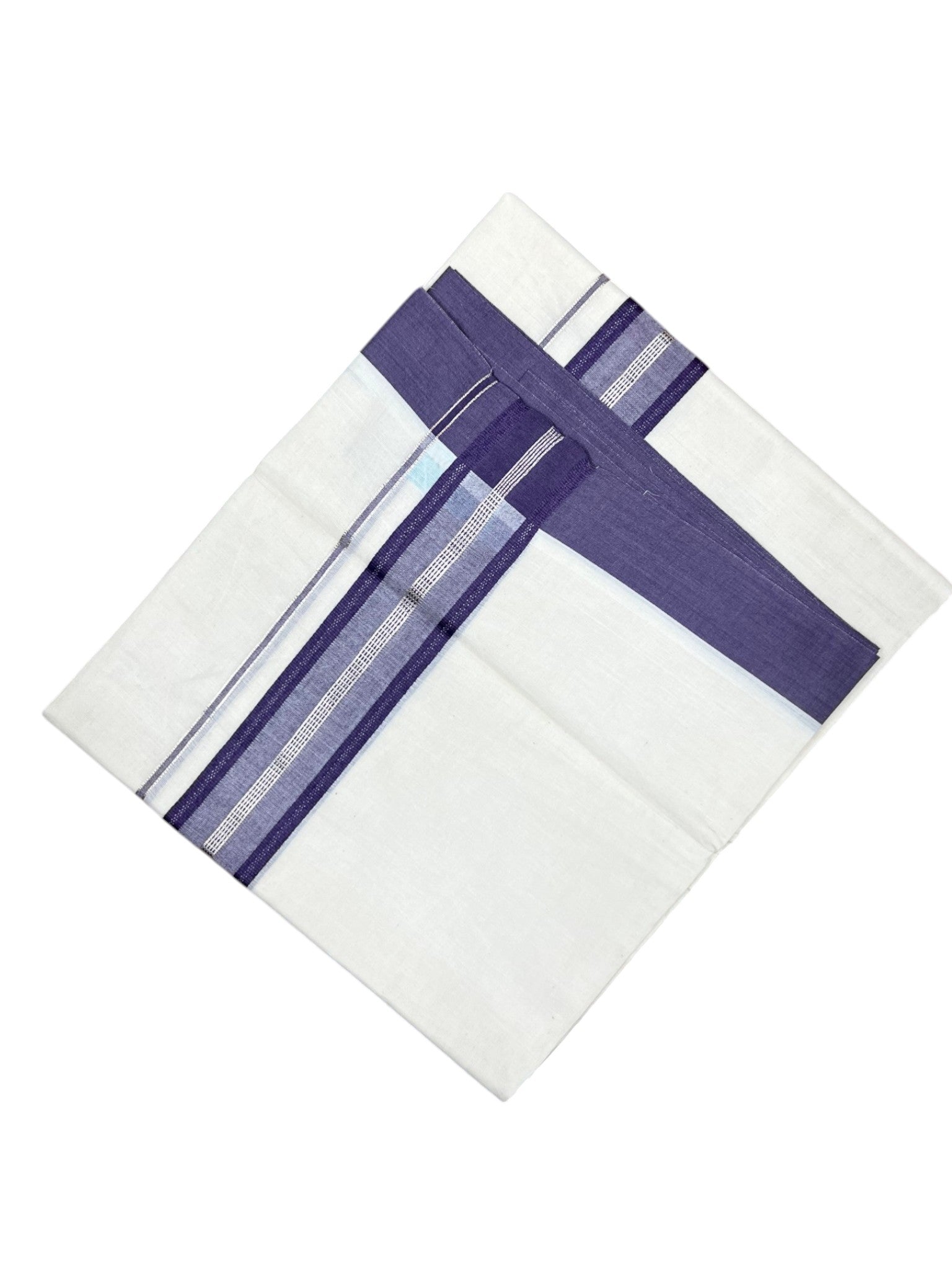 Southloom Kerala Pure Cotton Double Mundu with Silver Lines and Violet Border