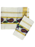 Southloom Cotton Lines Single Set Mundu Floral Digital Print With Gold Border (2.80 Mtrs)
