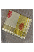 Southloom Kerala Tissue Saree with Orange And Yellow Lotus Block Prints On Kasavu Border