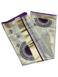 Southloom Tissue Kerala Kasavu Saree with Block Print on Body in Purple