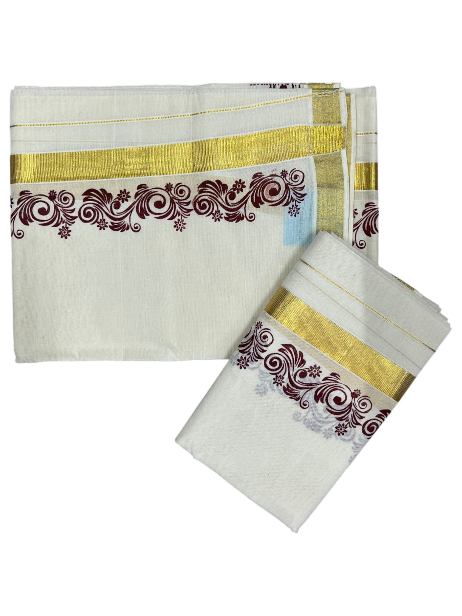 Southloom Pure Cotton Kerala Single Floral Print Set Mundu Maroon Border (2.80 mtrs) SL245
